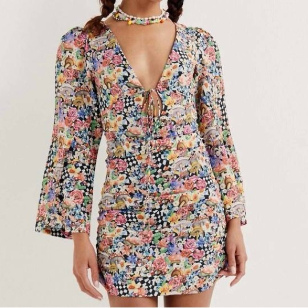FOR LOVE & LEMONS june cape sleeve mini dress  psychedelic hippie funky XXS